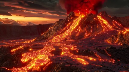 Volcano, molten lava, fiery inferno, eruption in progress, ash spewing, ominous skies, 3D render, Backlighting, HDR, Over-the-shoulder shot - obrazy, fototapety, plakaty