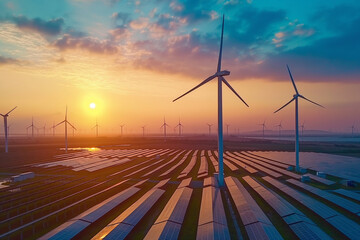 Solar panels and wind turbines at sunset in a solar farm, Renewable energy,Sustainability and Eco-Friendly.
