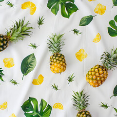 Transport yourself to a sun-kissed oasis with a whimsical pattern featuring ripe pineapples and lush foliage, isolated on a brig Generative AI,
