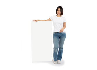 Smiling asian woman presenting something on white blank board with empty space isolated on white background, Awesome promo concept.