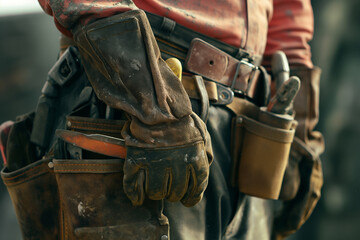 Close-up of construction worker's hand in protective gloves and wearing belt with holding tool.