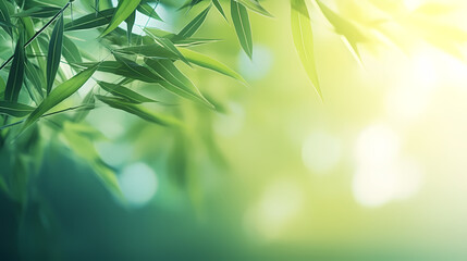 Obraz premium Blurred abstract sunlight background, frame of bright green bamboo leaves isolated on copy space
