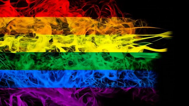 Rainbow flag in smoke shape on black background. Concept of conflict and LGBT rights. LGBT community metaphor. Tension and crisis for civil right and gay pride. 3D illustration.
