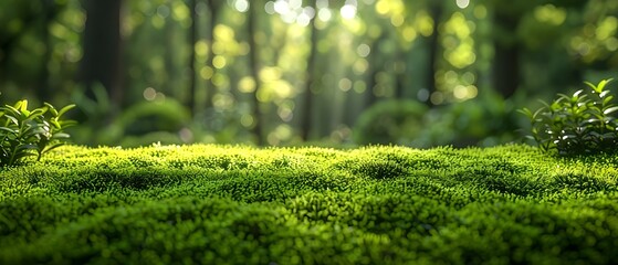 A groundlevel view of a lush miniature world with bright green moss. Concept Miniature World, Ground-level View, Lush Moss, Bright Green, Nature Photography - obrazy, fototapety, plakaty