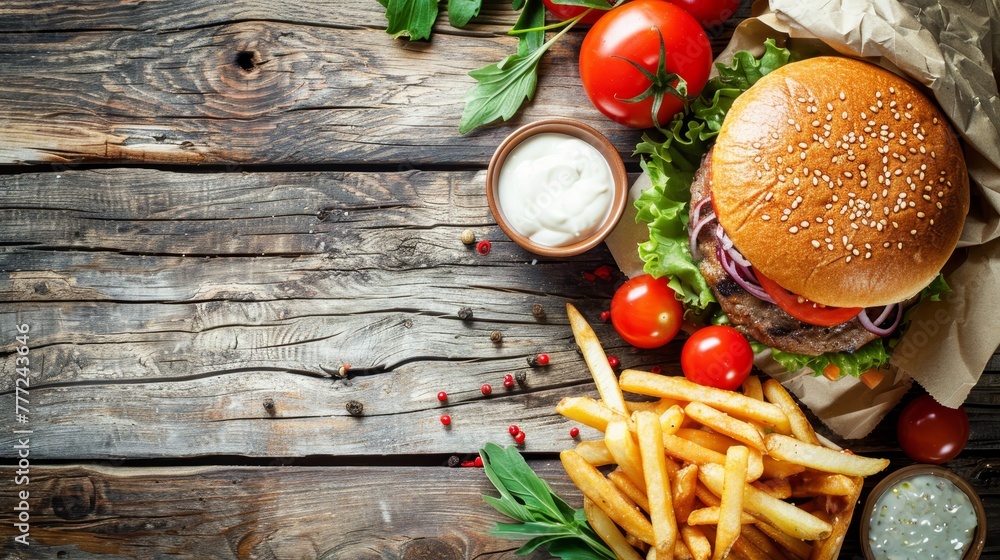 Poster top view of classic burger and fries on wooden table with ample space for text placement above view