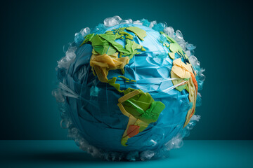 Earth globe made of plastic waste. Earth day poster, ocean plastics pollution. Climate change, environment, plastic pollution, ecological disaster, waste recycling problem. 