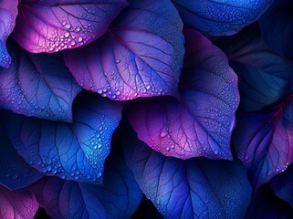 Blue and purple leaves with water droplets on dark blue background in a vibrant and eyecatching display - Powered by Adobe