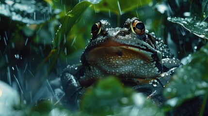 Caught in a sudden downpour, a  frog seeks shelter beneath a leafy canopy, its skin adorned with shimmering droplets of rain. - obrazy, fototapety, plakaty