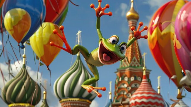 Caught mid-air, the cartoon frog leaps joyfully over a colorful array of balloons at a festive carnival.