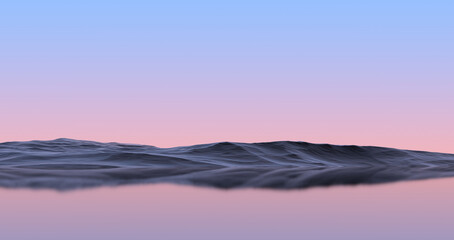 Mountain island,rocky horizon of the island near the water at sunrise. Mountain and lake landscape,wallpaper.3D render
