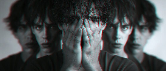 victim of violence young male teenager with bipolar mental disorders and a split personality