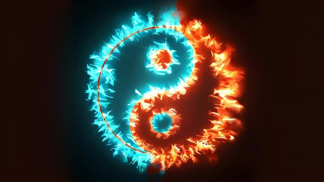 Yin and Yang symbol on red and blue fire. Concepts of: the bad inside the good and the good inside the bad in life, opposites, dark side, good and bad, black background.