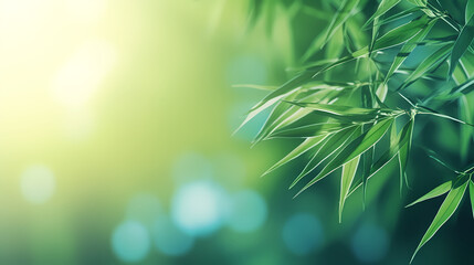 Blurred abstract sunlight background, frame of bright green bamboo leaves isolated on copy space