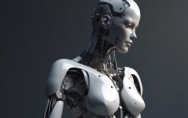 Portrait of robot woman close-up with real face cyber-girl with white body and a metal glowing mechanism in her neck.