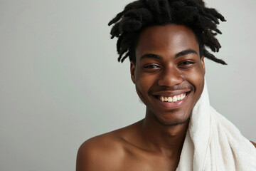Obraz premium Portrait of half naked african-american man with a towel and looking at camera isolated over white background. Image for a facial spa or wellness center, skincare brand. Banner with copy space.
