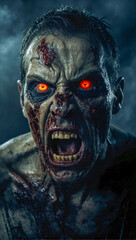 scary angry male zombie with glowing eyes on a dark and misty background