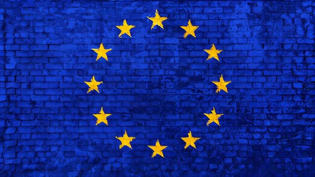 wall of bricks painted with the flag of Europe, blue with yellow stars. 3d background. Concept of social barriers of immigration, divisions, and political conflicts in Europe.