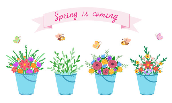 bucket set with flowers , spring is coming. Vector Illustration for printing, backgrounds, covers and packaging. Image can be used for cards, posters and stickers. Isolated on white background.