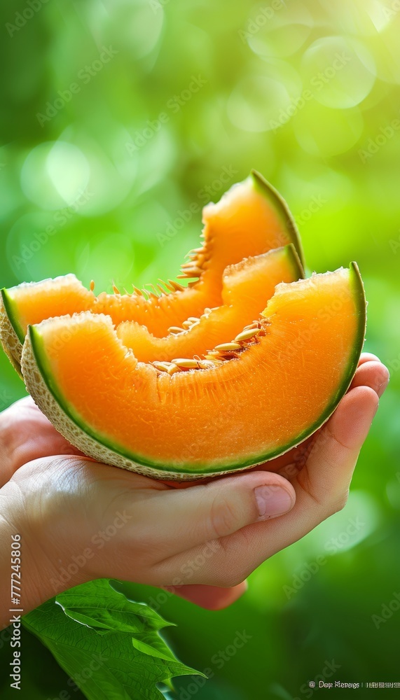 Poster hand holding cantaloupe slice with blurred cantaloupe selection background and copy space