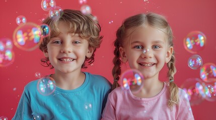 Over a crimson backdrop, two siblings are having interesting and playing with bubbles smiley faces lovely young kids and space, Generative AI.