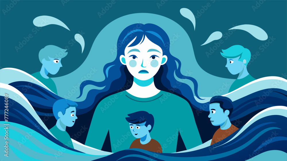 Poster a drawing of a person being engulfed by waves with each wave representing a different intense emotio