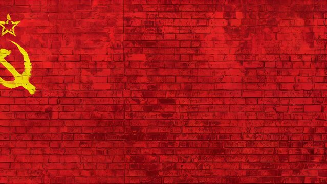 Wall of bricks painted with the Flag of the old Soviet Union, adopted from 12 November 1923 to 15 August 1980. Concept of social barriers, divisions, and political conflicts in 1980s. 3D background.
