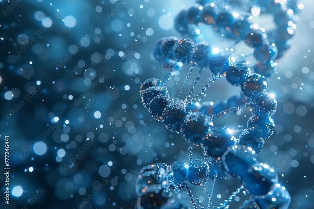 Poster a close-up image of a dna double helix sparkling as light hits its structure surrounded by a beautif