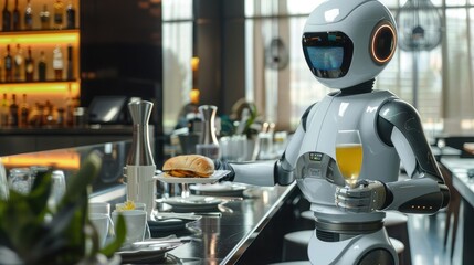 A robot serving food and drinks to patrons in a restaurant.
