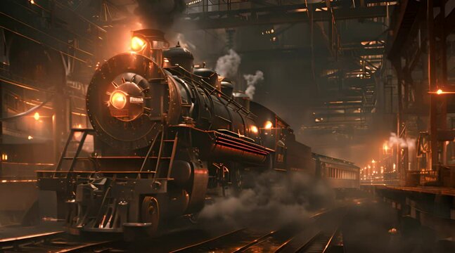 Old steam locomotive belches out smoke and steam at the train station