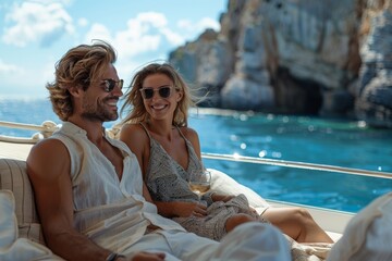A fashionable couple enjoying wine and leisure time on a yacht with a seascape background