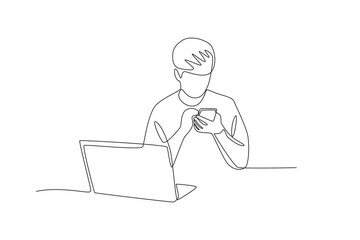 Woman working from home looking at cellphone.Working from home one-line drawing
