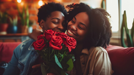 Happy young african american lesbian couple hugging with flowers. Engagement celebration. Pride concept. Generative AI - obrazy, fototapety, plakaty