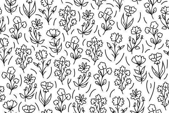 Outline seamless floral pattern with hand drawn flowers. Line art seamless black and white floral pattern. Endless repeating minimalistic abstract design.