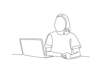 Woman listening to a virtual meeting.Working from home one-line drawing