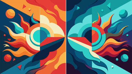 An abstract digital artwork with two versions one with bright vibrant colors and the other with muted desaturated tones highlighting the