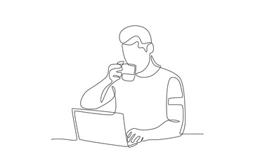 Man working from home drinking coffee.Working from home one-line drawing