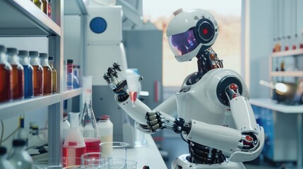 A robot conducting a scientific experiment in a laboratory setting.