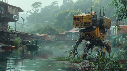 A robot assisting in a search and rescue mission in a disaster-stricken area. - obrazy, fototapety, plakaty