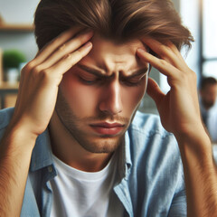 Young man holding his head with his hands, headache, depression.