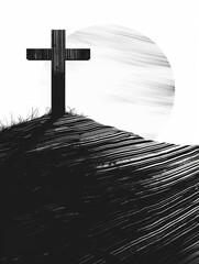 Christs tomb, abstract lines, sunset hues in black and white, silhouette view, peaceful , clip art, 8K , high-resolution, ultra HD,up32K HD