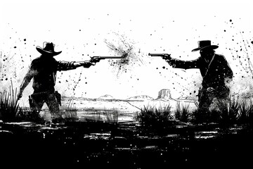 Wild West duel in minimalist ink style, dawn light, faceoff view, tense , clip art, 8K , high-resolution, ultra HD,up32K HD - obrazy, fototapety, plakaty