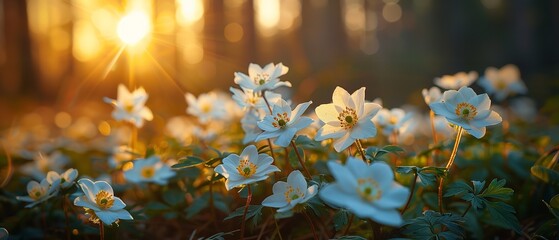 Lovely white anemone blooms in springtime in a forest, in-depth in daylight in an atmospheric springtime forest scene and space, Generative AI.