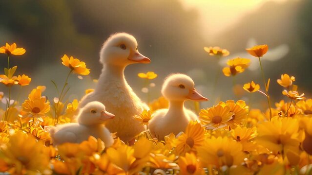 Cute newborn ducklings in spring landscape. 3D cartoon. Cute mother duck and yellow babies birds in lake swimming in pond. 4k video. Young yellow ducks animation in the summer colorful