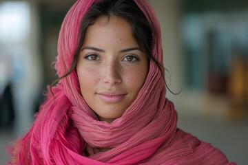 This image captures the radiant smile of a woman, wrapped in a pink scarf, embodying grace and beauty