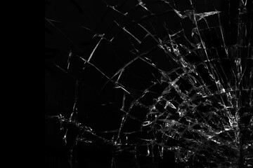 Broken glass. Cracked window texture realistic destruction hole in damaged glass. Vector realistic shattered glass template in Black - obrazy, fototapety, plakaty
