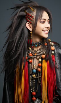 A woman with dreadlocks and a colorful necklace is smiling