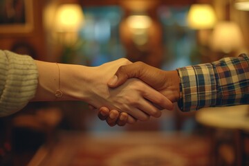 Warm handshake in an ambient room, showcasing mutual respect and agreement - obrazy, fototapety, plakaty