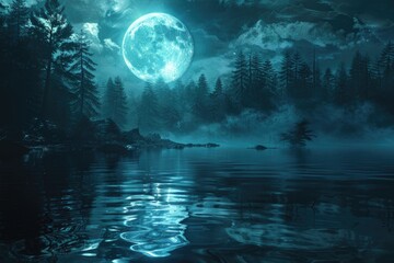 Obraz na płótnie Canvas Futuristic dark forest with moonlight smoke and snow.