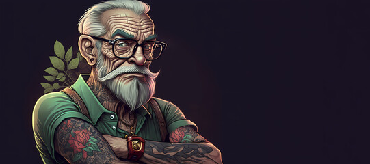 Hipster grandpa bearded old man in glasses tattoo