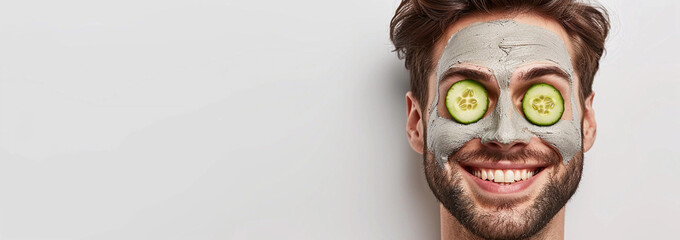 Copy space, face care, facials concept. Happy smiling man with beard and facial mask holds cucumber slice on eye, studio background. Positive guy skin care wellness treatment routine. Banner.